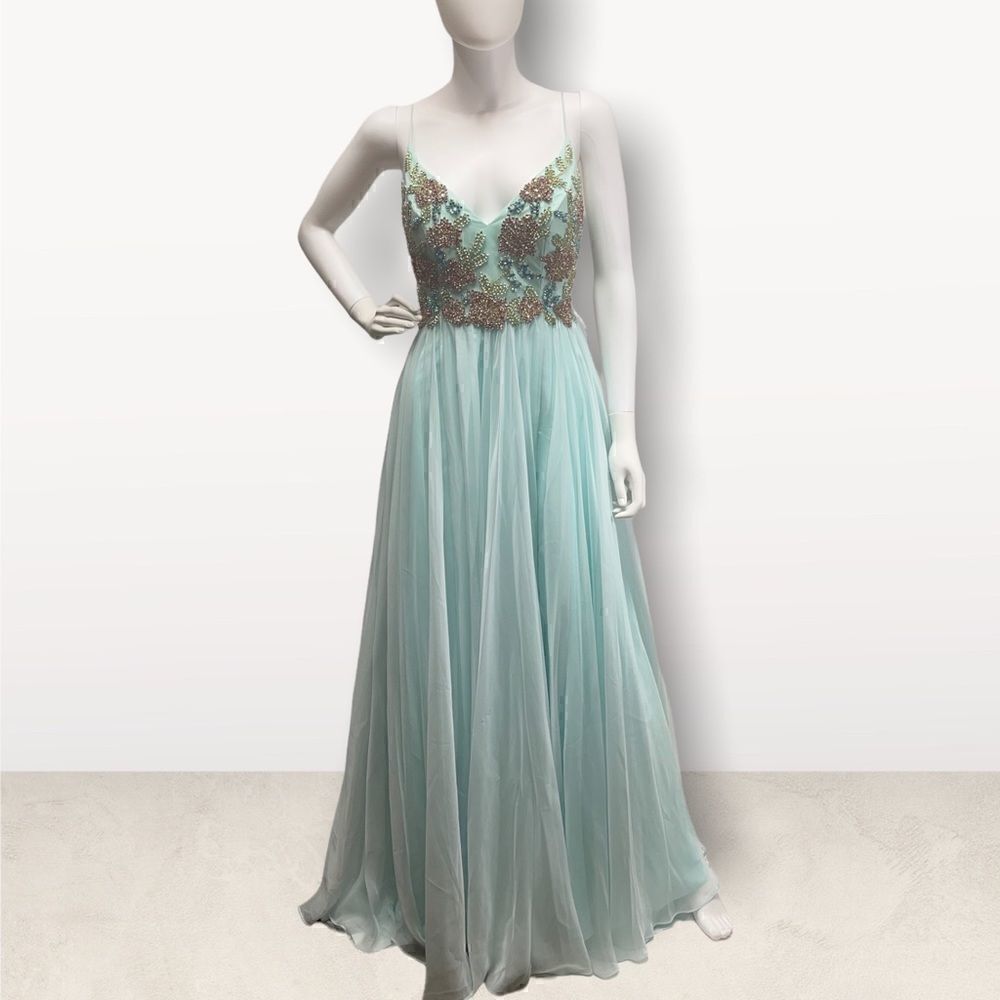 Mac Duggal Light Blue Embellished Tulle Evening Gown Lace Up Back Slit Dress - Picture 1 of 8